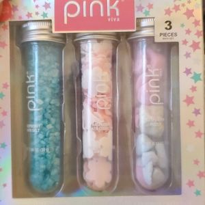 Raspberry bath confetti, bath salt, and fizzer